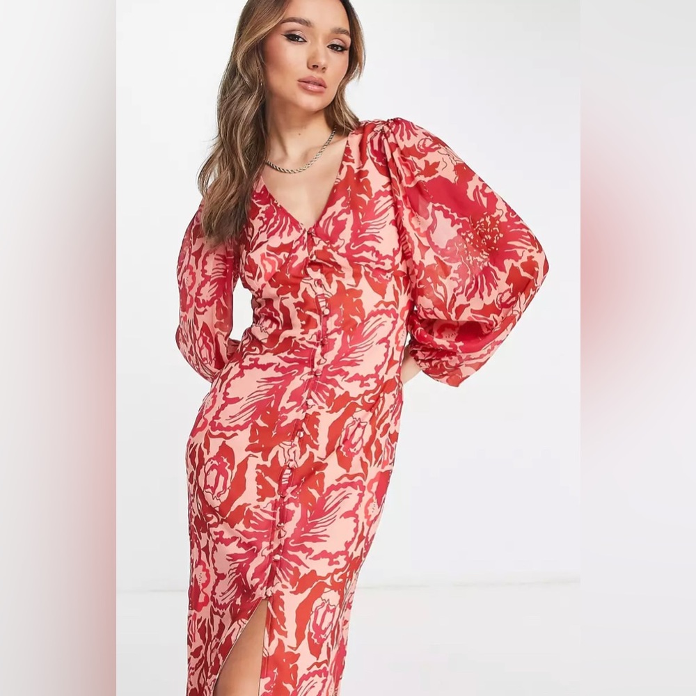 Balloon sleeve button midaxi dress